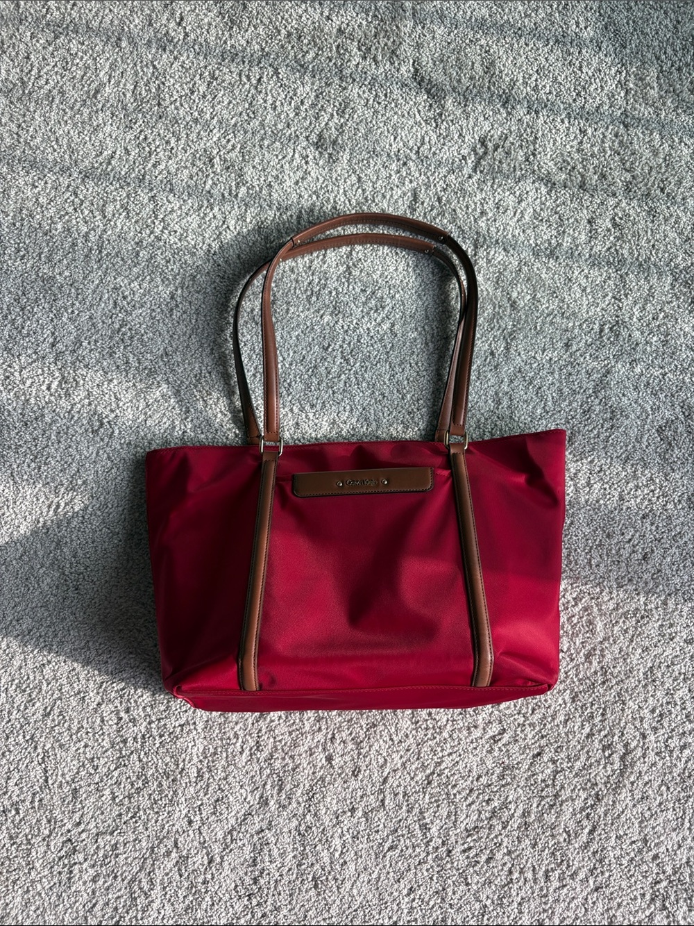 Calvin Klein Wine Red Tote with Brown Trim